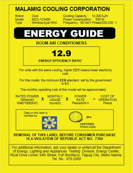 Energy Guide Label for Air Conditioners